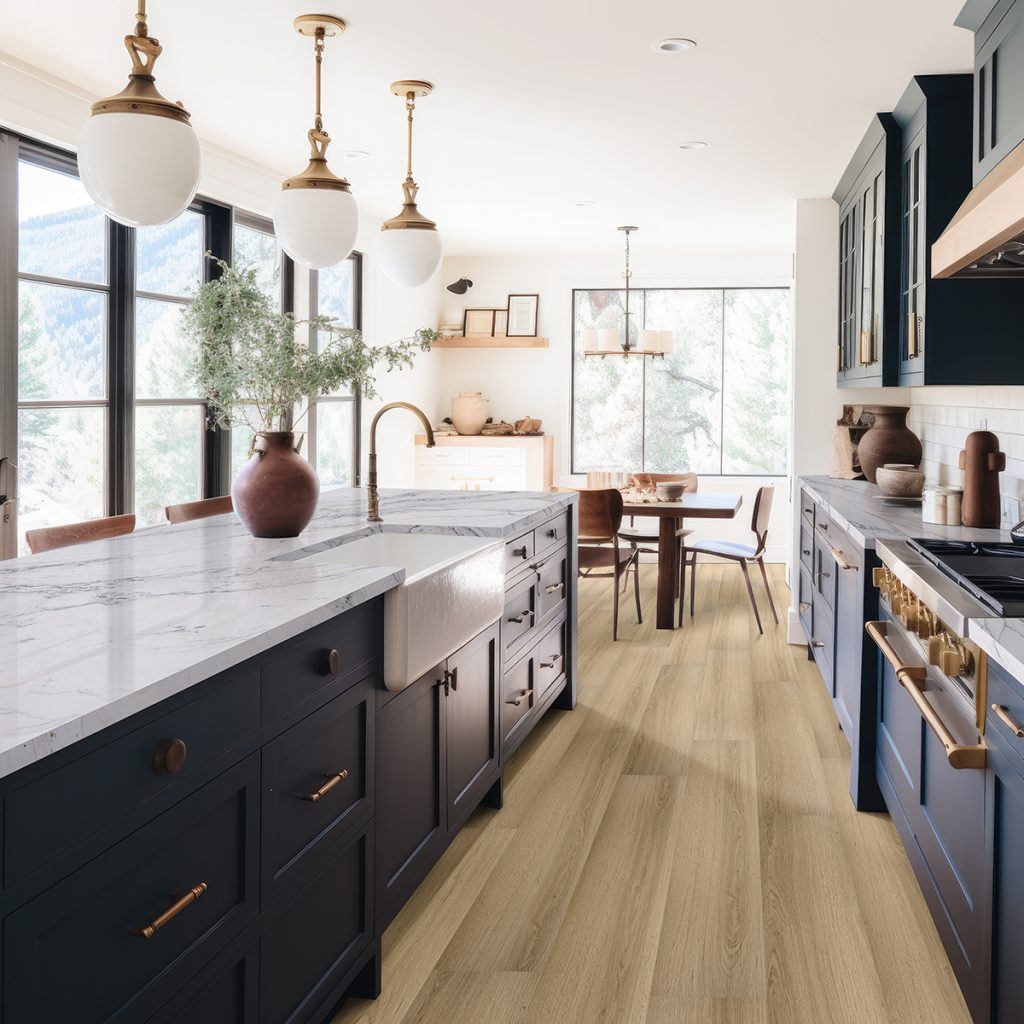 blue kitchen cabinets with white and gray countertops